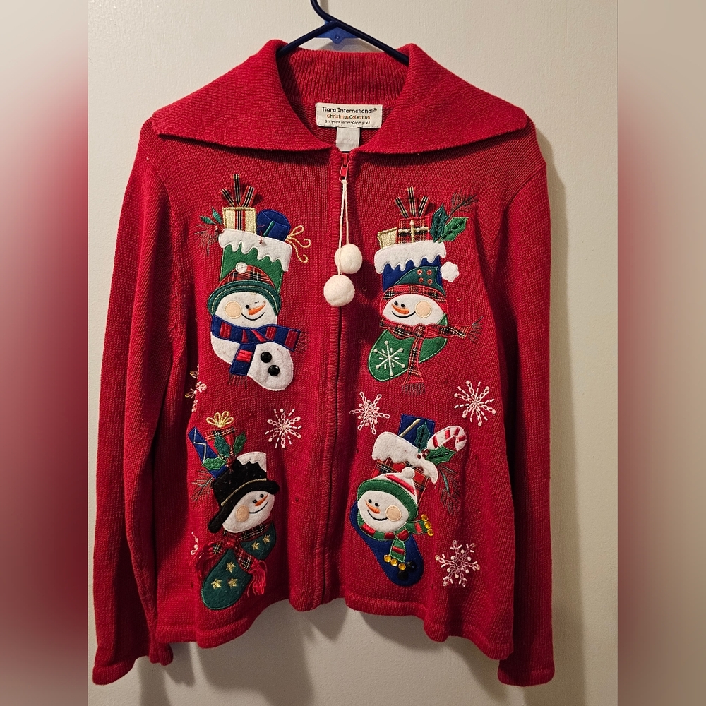 Tiara International Full Zip Ugly Christmas Sweater Snowmen Vintage Women's Sz L
